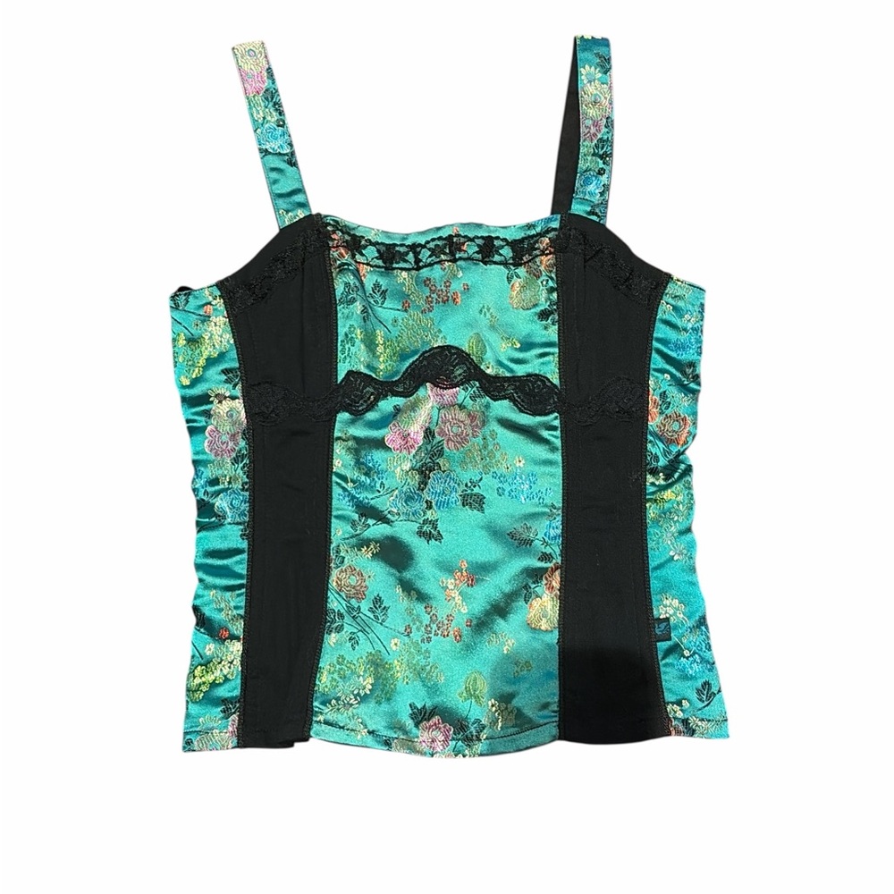 Tripp NYC Teal Satin Floral Camisole with Black Panels